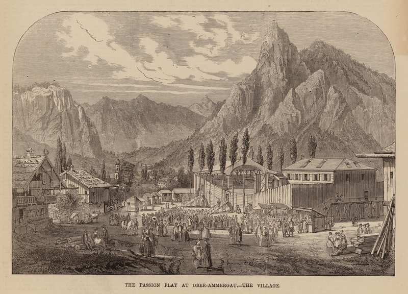 Pueblo de Oberammergau, Baviera, escenario de una representación anual de la Pasión (grabado) de English School