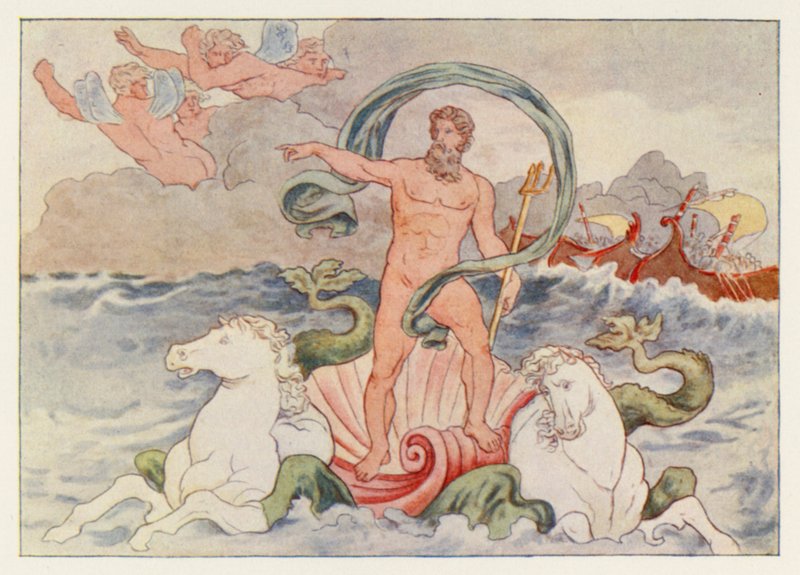 La Eneida de Virgilio: Neptuno calmando las olas (litografia en color) de English School