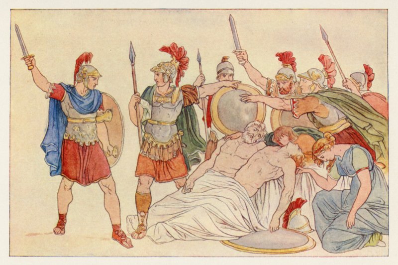 La Eneida de Virgilio: Turno sobre los cuerpos de Almo y Galaeso (litografia en color) de English School