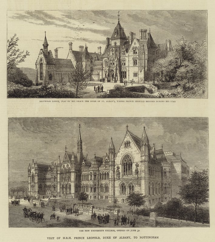 Visita de SAR el Príncipe Leopoldo, Duque de Albany, a Nottingham (grabado) de English School