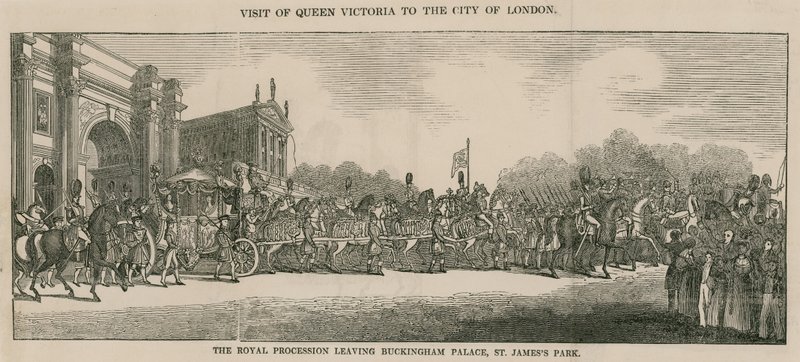 Visita de la Reina Victoria a la Ciudad de Londres, saliendo del Palacio de Buckingham de English School
