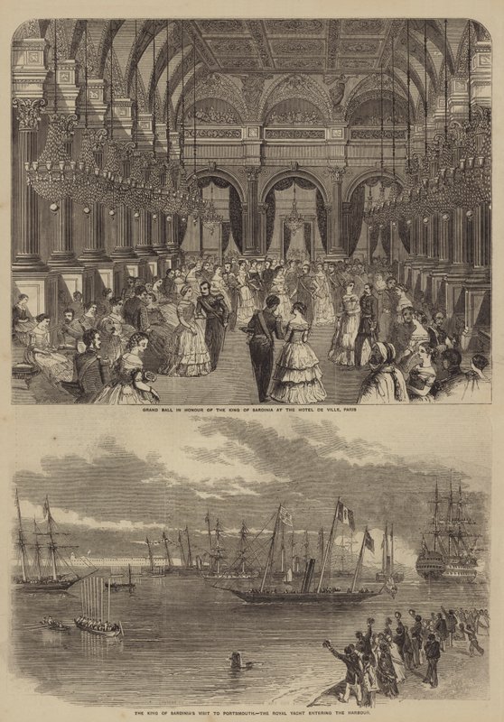 Visita de Víctor Manuel II de Italia (grabado) de English School