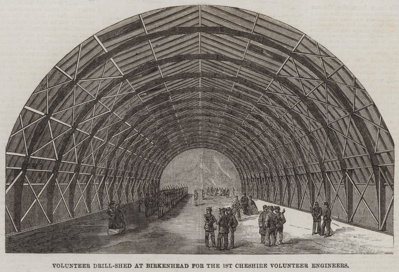 Cobertizo de Ejercicios Voluntarios en Birkenhead para los Ingenieros Voluntarios del 1er Cheshire (grabado) de English School