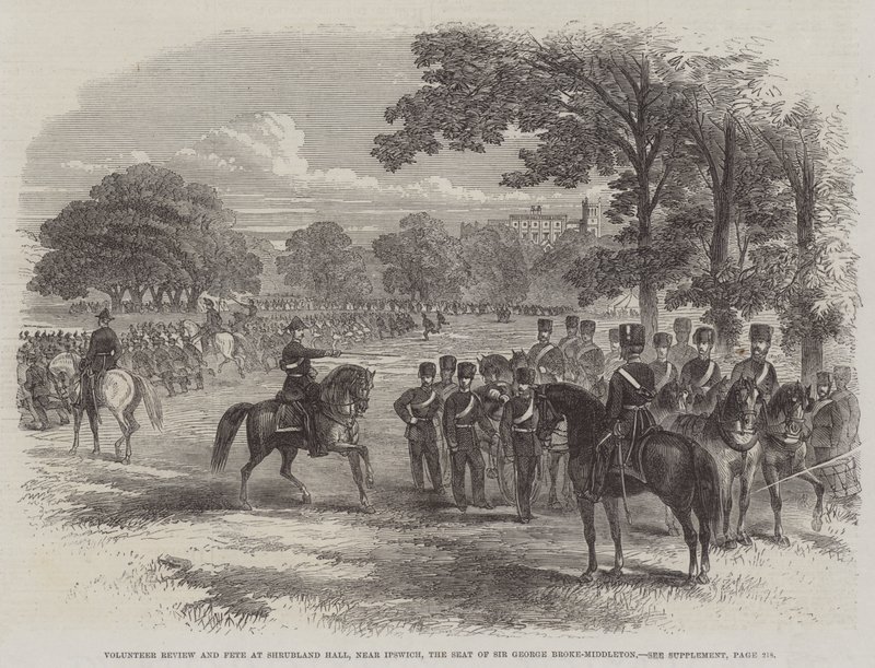 Revisión y fiesta de voluntarios en Shrubland Hall, cerca de Ipswich, la residencia de Sir George Broke-Middleton de English School