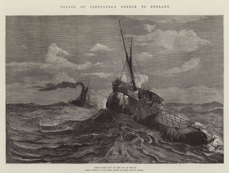 Viaje de la Aguja de Cleopatra a Inglaterra (grabado) de English School
