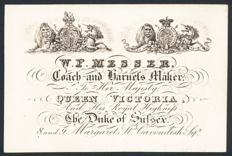 W F Messer, fabricante de coches y arneses para su majestad la Reina Victoria y el Duque de Sussex, tarjeta comercial de English School