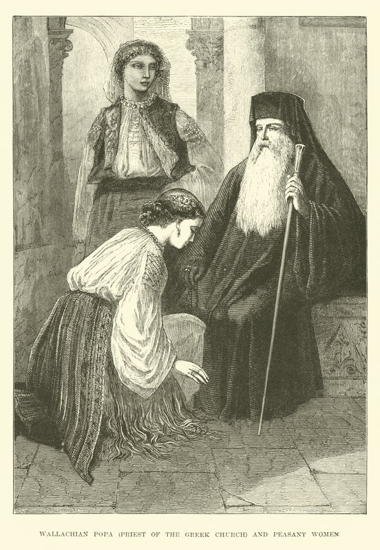 Popa valaco, sacerdote de la Iglesia Griega, y campesinas de English School