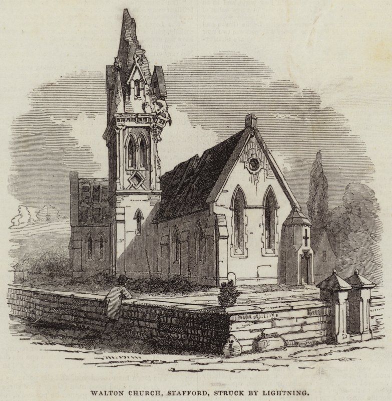 Iglesia de Walton, Stafford, alcanzada por un rayo (grabado) de English School
