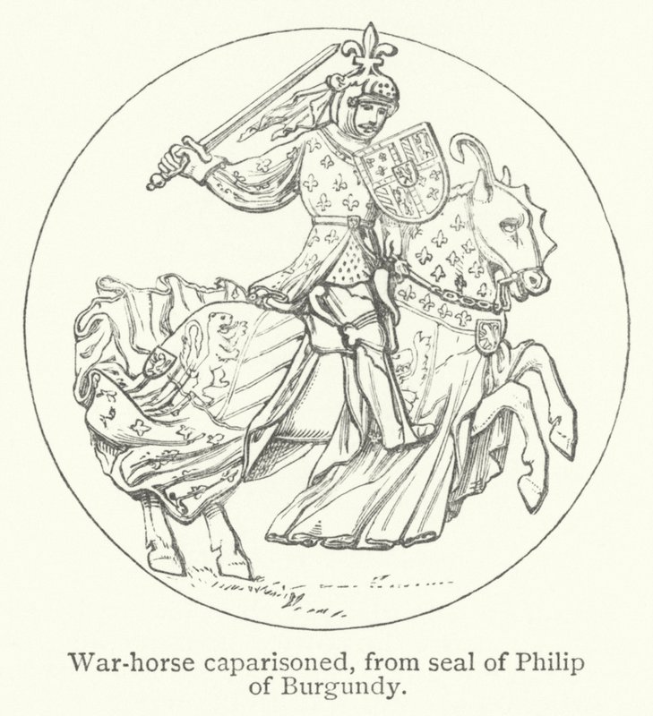 Caballo de guerra enjaezado (grabado) de English School