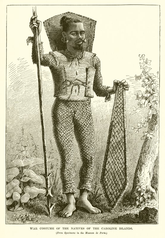 Traje de guerra de los nativos de las Islas Carolinas de English School
