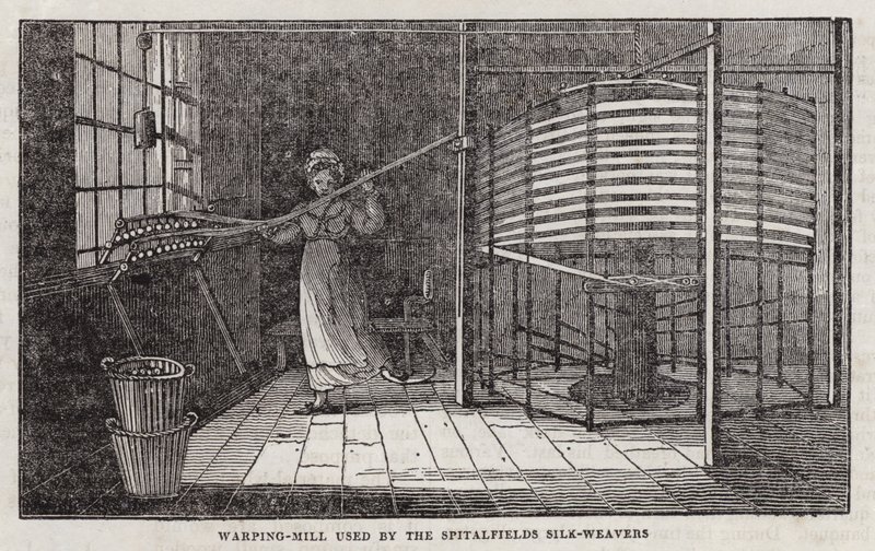 Molino de urdimbre utilizado por los tejedores de seda de Spitalfields de English School