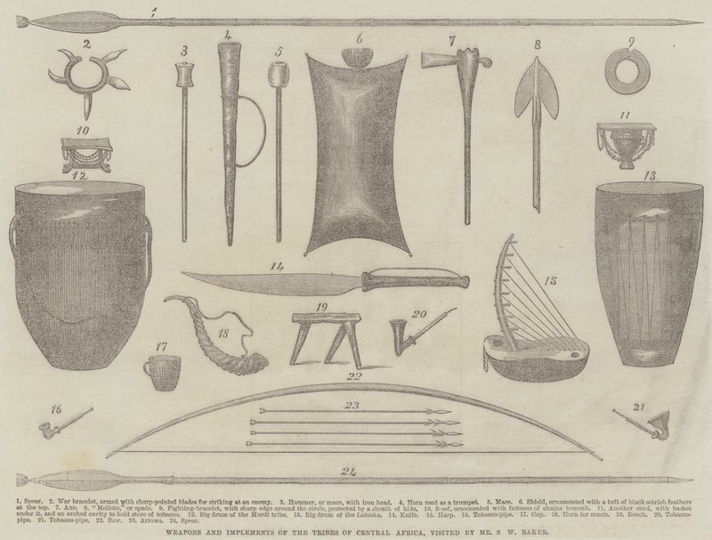 Armas e implementos de las tribus de África Central, visitadas por el Sr. S. W. Baker (grabado) de English School