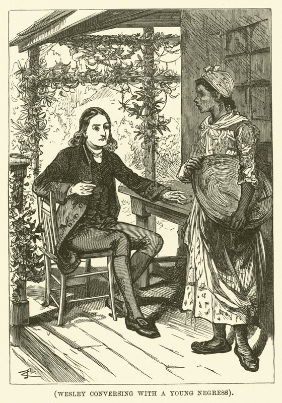 Wesley conversando con una joven negra (grabado) de English School