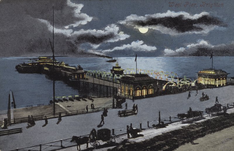 West Pier, Brighton, Sussex (litografía en color) de English School