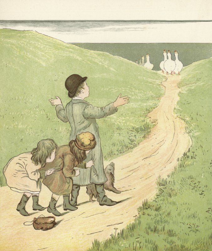 ¡Cuando los gansos llegaron sobre el Lea! (litografía en color) de English School