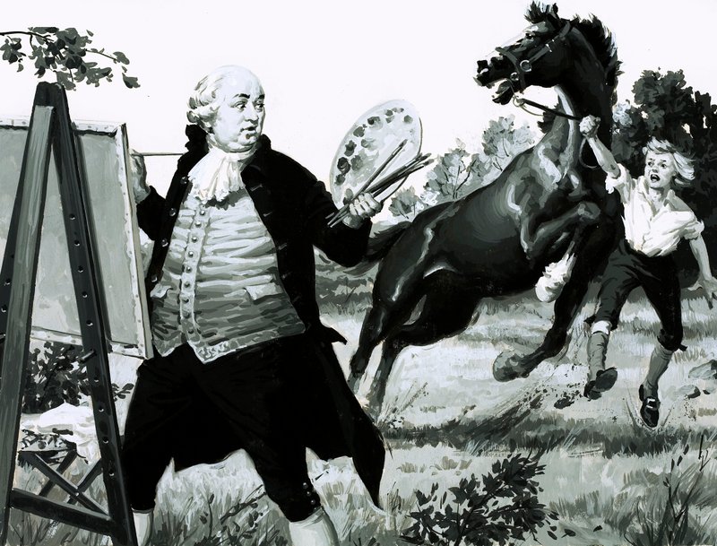 Cuando el caballo vio su retrato, se encabritó de miedo (gouache sobre papel) de English School