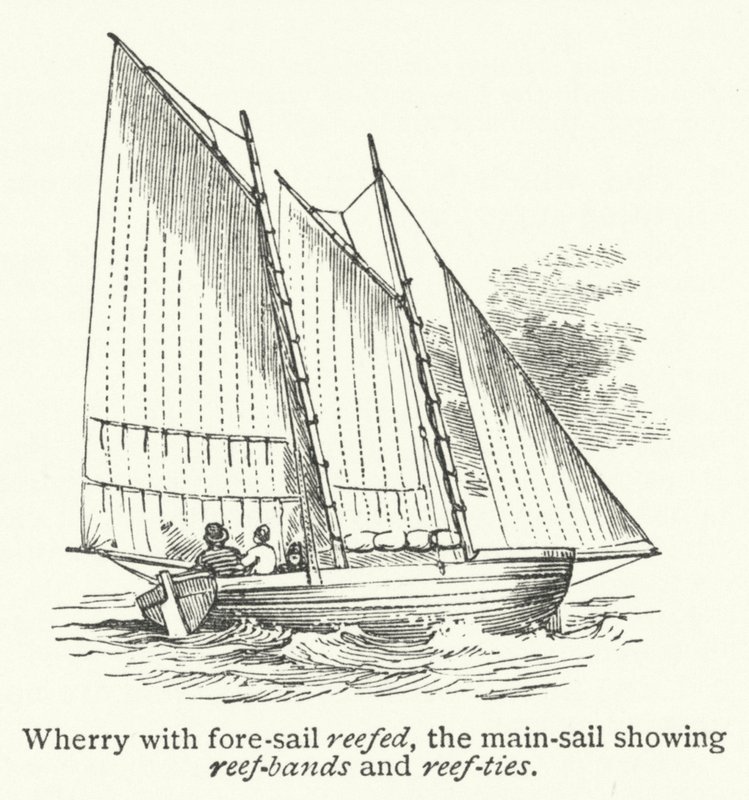 Wherry con la vela de proa rizada, la vela mayor mostrando bandas de rizo y amarres de rizo (grabado) de English School