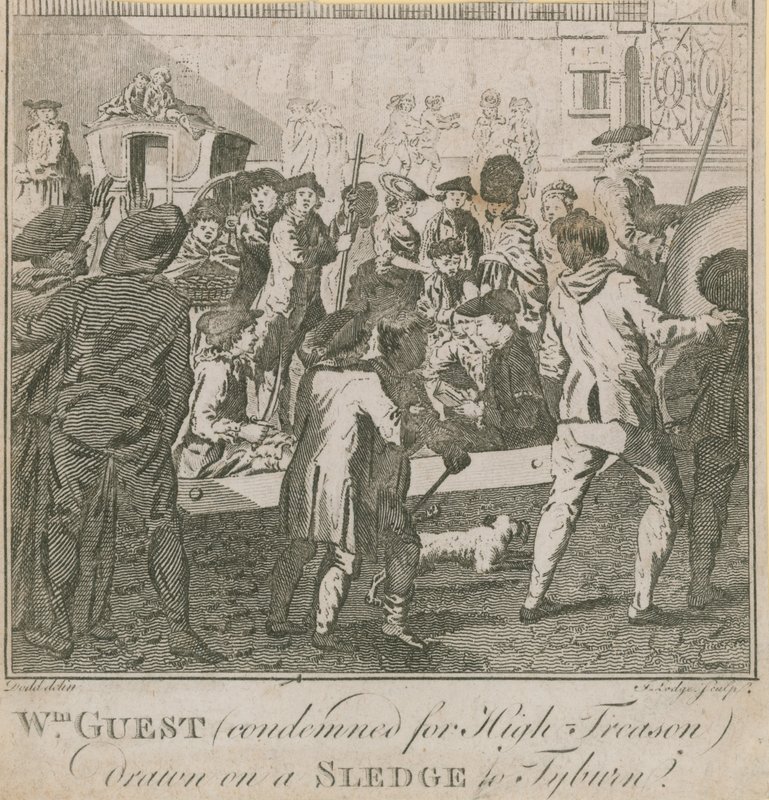 William Guest, condenado por alta traición, llevado en un trineo a Tyburn de English School