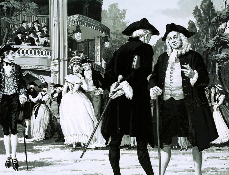 William Hogarth pasea por los Jardines de Vauxhall (gouache sobre papel) de English School