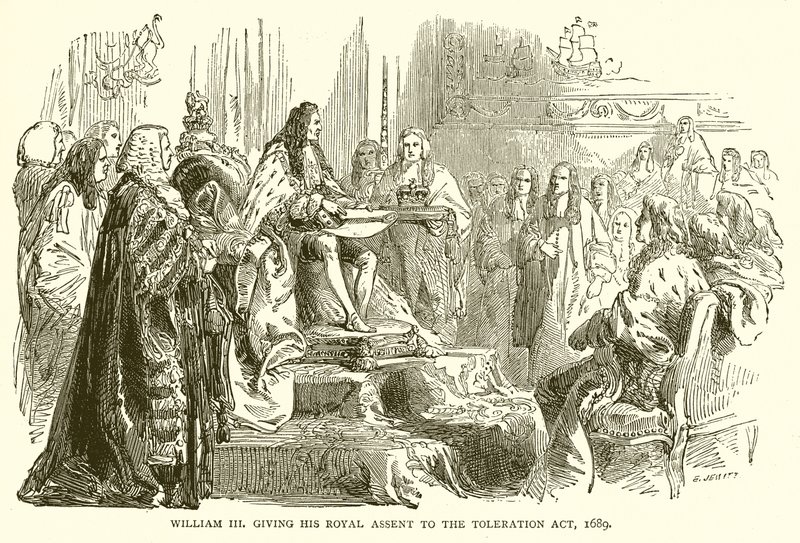 Guillermo III dando su consentimiento real a la Ley de Tolerancia, 1689 de English School