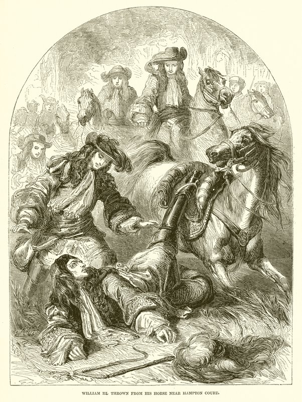 Guillermo III caído de su caballo cerca de Hampton Court de English School