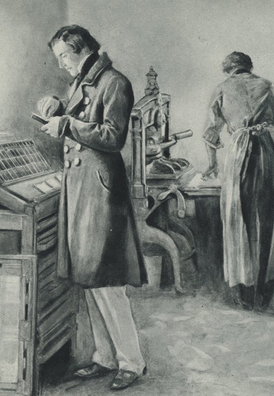 William Lloyd Garrison prepara el tipo para su periódico de English School