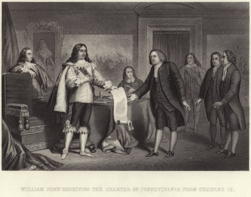 William Penn recibiendo la Carta de Pensilvania de Carlos II de English School