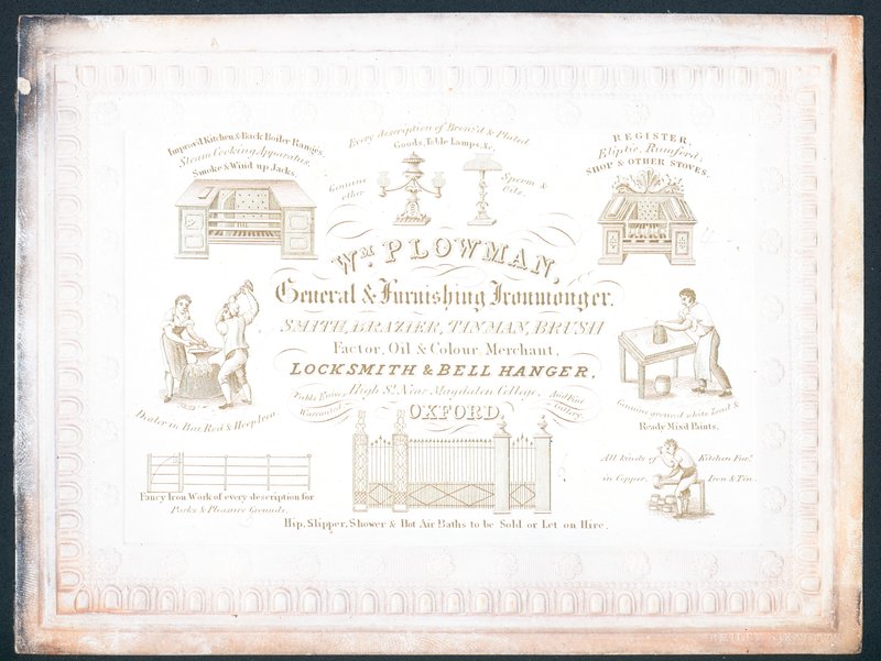 William Plowman, ferretero general y de mobiliario, tarjeta comercial de English School