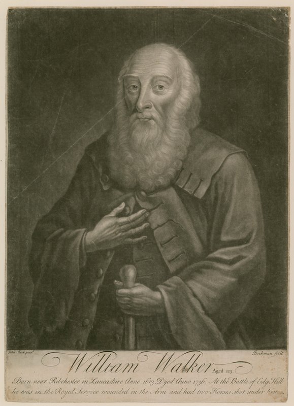 William Walker, a la edad de 123 años, nacido en 1613, fallecido en 1736 de English School