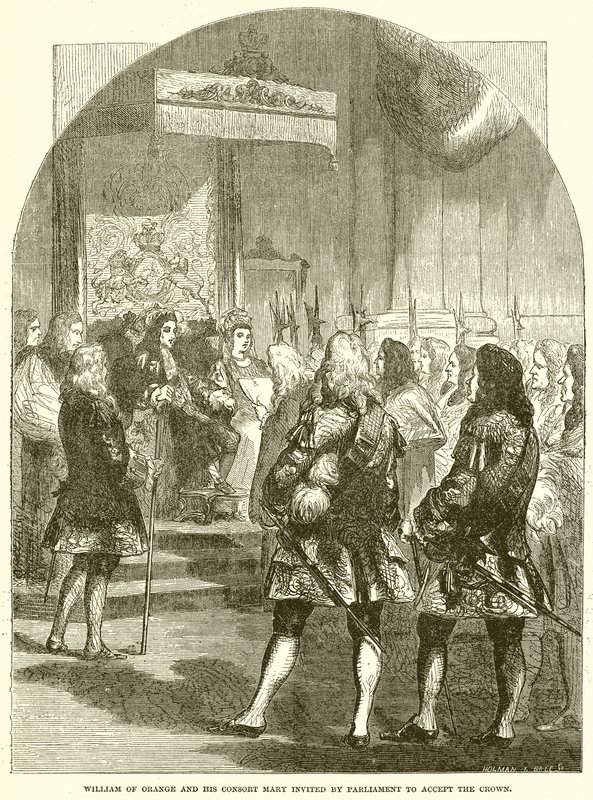 Guillermo de Orange y su consorte María invitados por el Parlamento a aceptar la corona de English School
