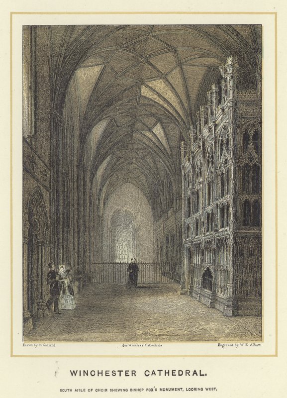 Catedral de Winchester, pasillo sur del coro mostrando el Monumento de Bishop Fox, mirando al oeste de English School