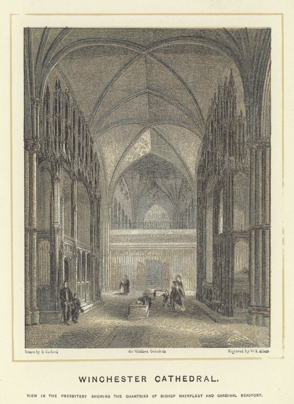 Catedral de Winchester, vista en el presbiterio mostrando las capillas de Bishop Waynfleet y Cardinal Beaufort de English School