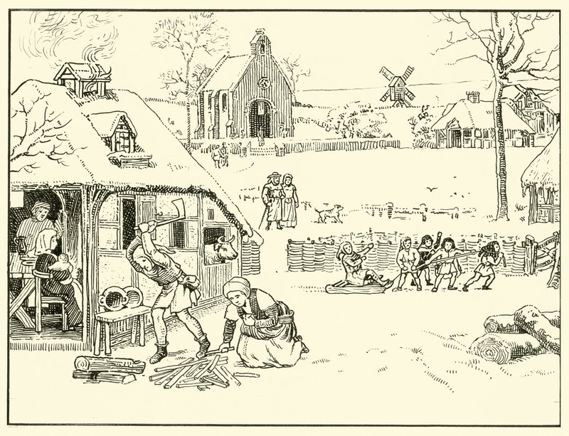Escena de invierno en un pueblo. Siglo XIV de English School