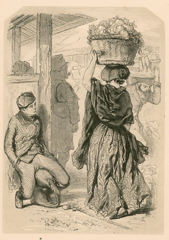 Mujer llevando una cesta en el mercado de Covent Garden, Londres de English School