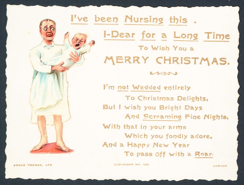 Mujer sosteniendo bebé que grita, Tarjeta de Navidad de English School