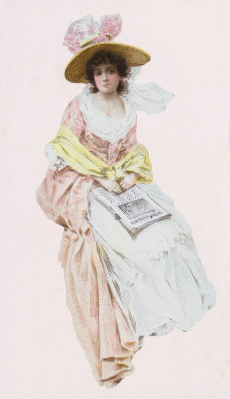 Mujer con vestido victoriano o eduardiano leyendo un periódico de English School