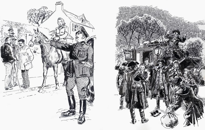 Mujer a caballo con oficial y salteadores de caminos de English School