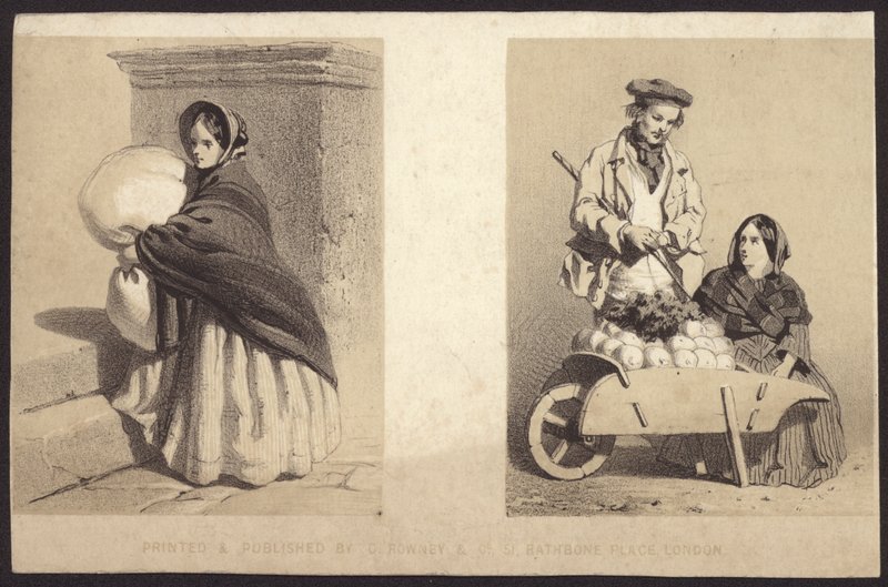 Mujer vendedora ambulante vendiendo verduras de una carretilla (litho) de English School