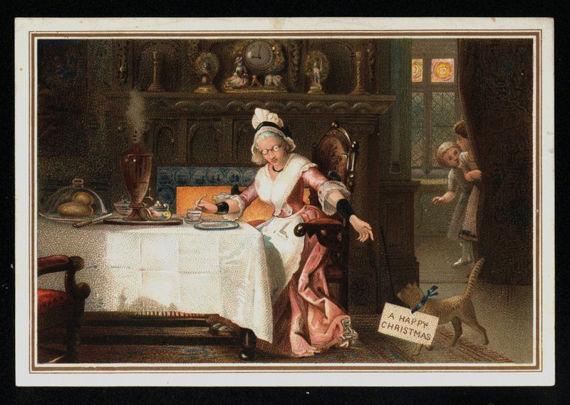Mujer tomando té con su gato, tarjeta de felicitación de Navidad de English School