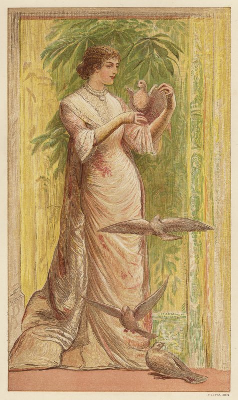 Mujer con palomas (litografia en color) de English School