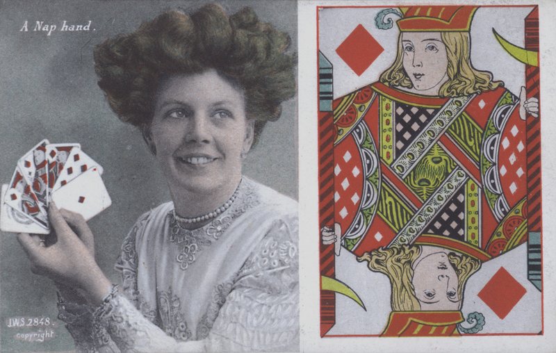 Mujer con cartas de juego y el Jack de diamantes de English School