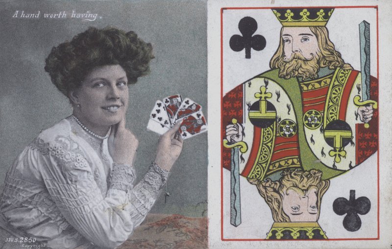 Mujer con naipes y el rey de bastos (litografía en color) de English School