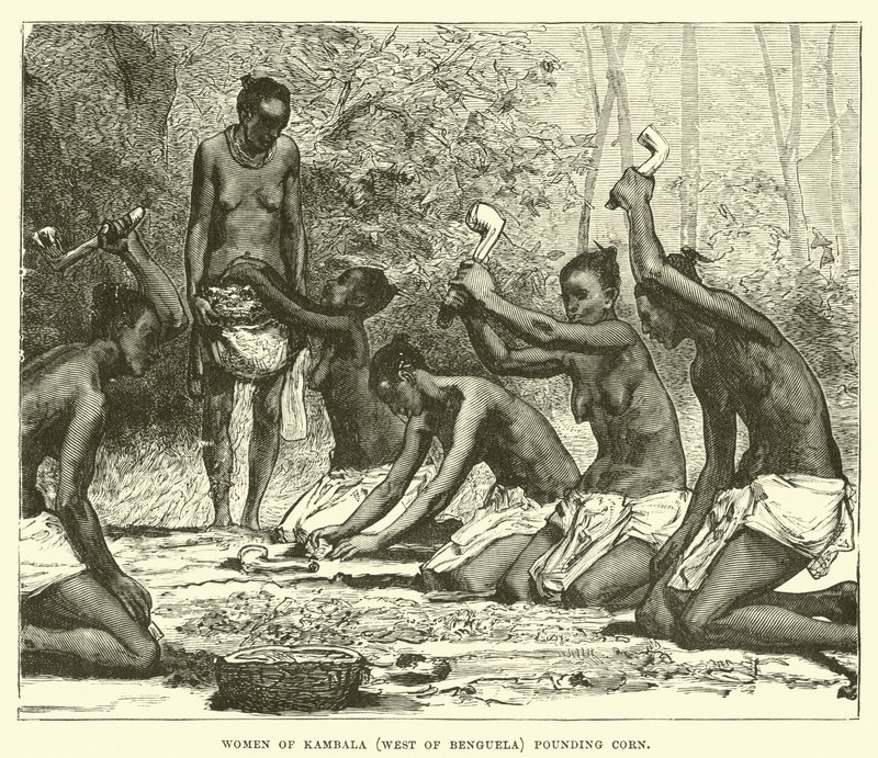 Mujeres de Kambala (oeste de Benguela) moliendo maíz de English School