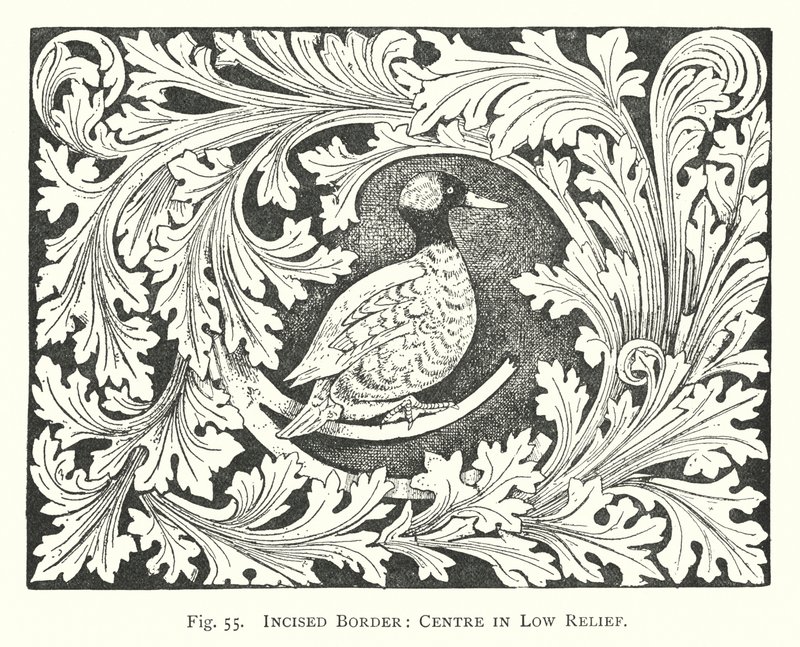 Tallado en madera: Borde inciso, centro en bajo relieve (grabado) de English School