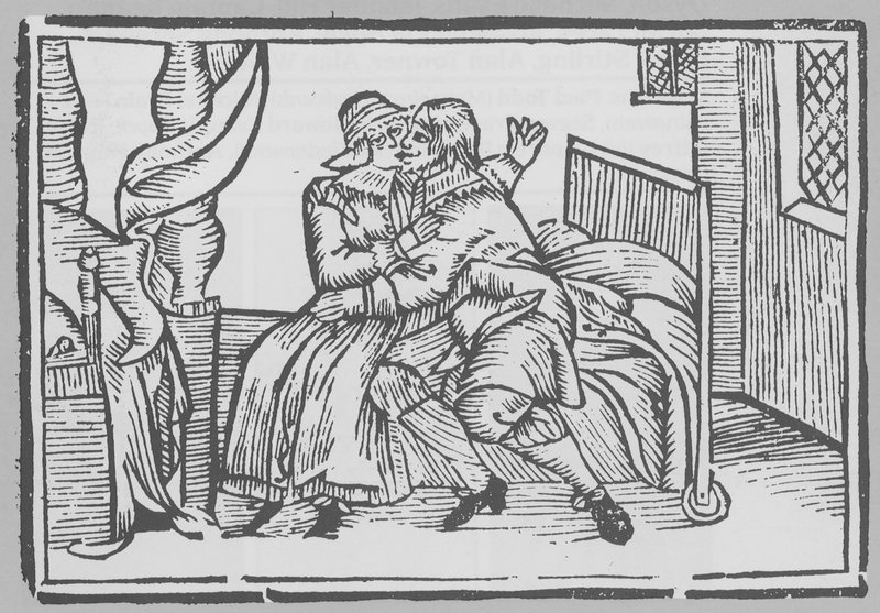 Xilografía que representa a un hombre y una mujer sentados en una cama de English School