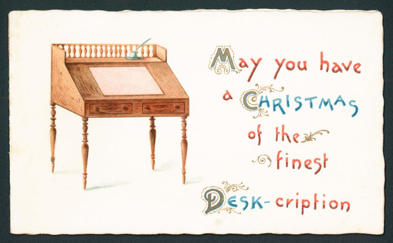Escritorio de madera, tarjeta de Navidad de English School