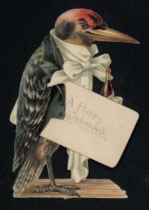 Pájaro carpintero vestido de camarero o mayordomo, tarjeta de felicitación navideña (chromolitho) de English School