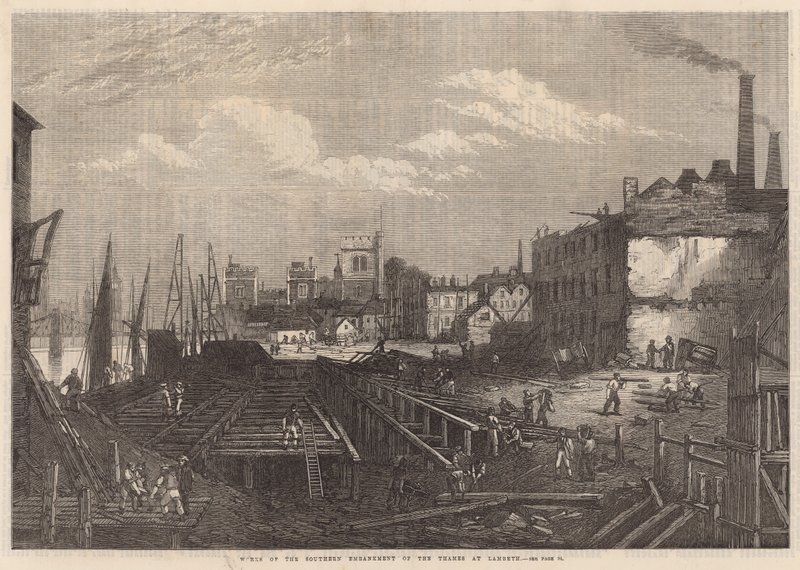 Obras del Terraplén sur del Támesis en Lambeth de English School