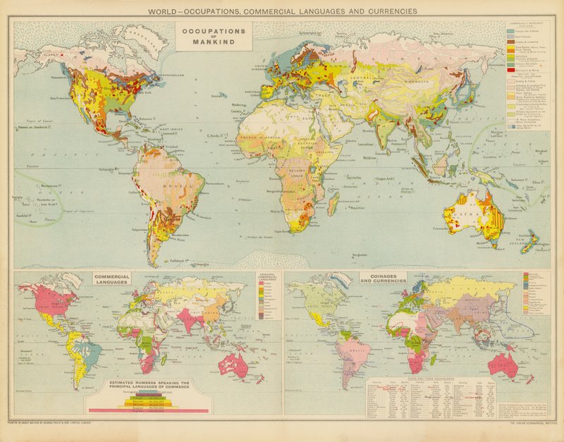 Mundo, Ocupaciones, Lenguas Comerciales y Monedas (litografía en color) de English School