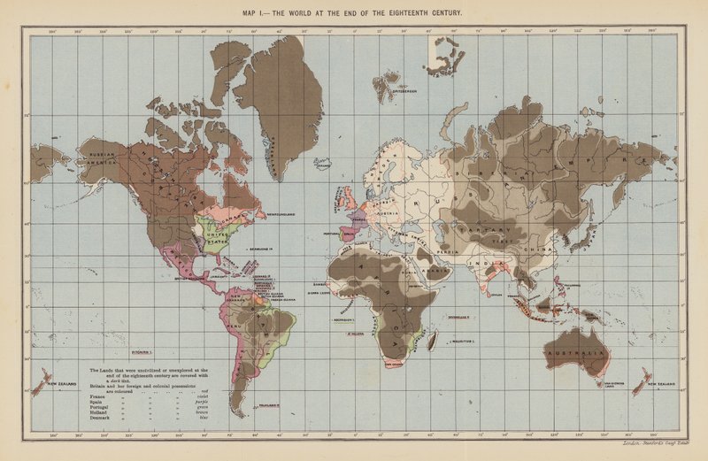El mundo a finales del siglo XVIII (litografía en color) de English School